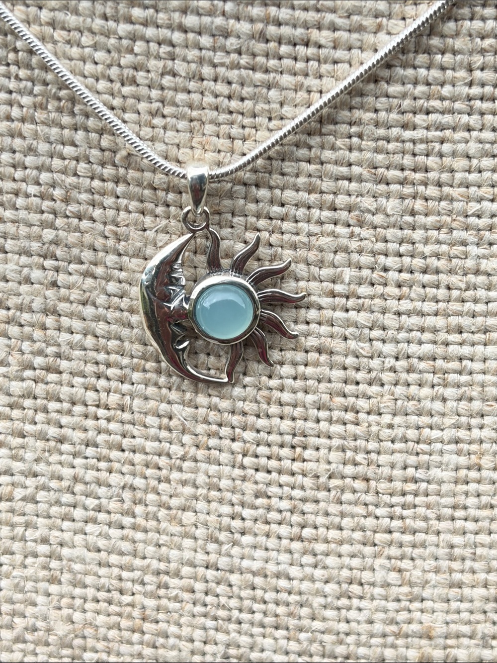 Aqua  Chalcedony 925 SterlingSilver Sun & Moon Pendant Necklace